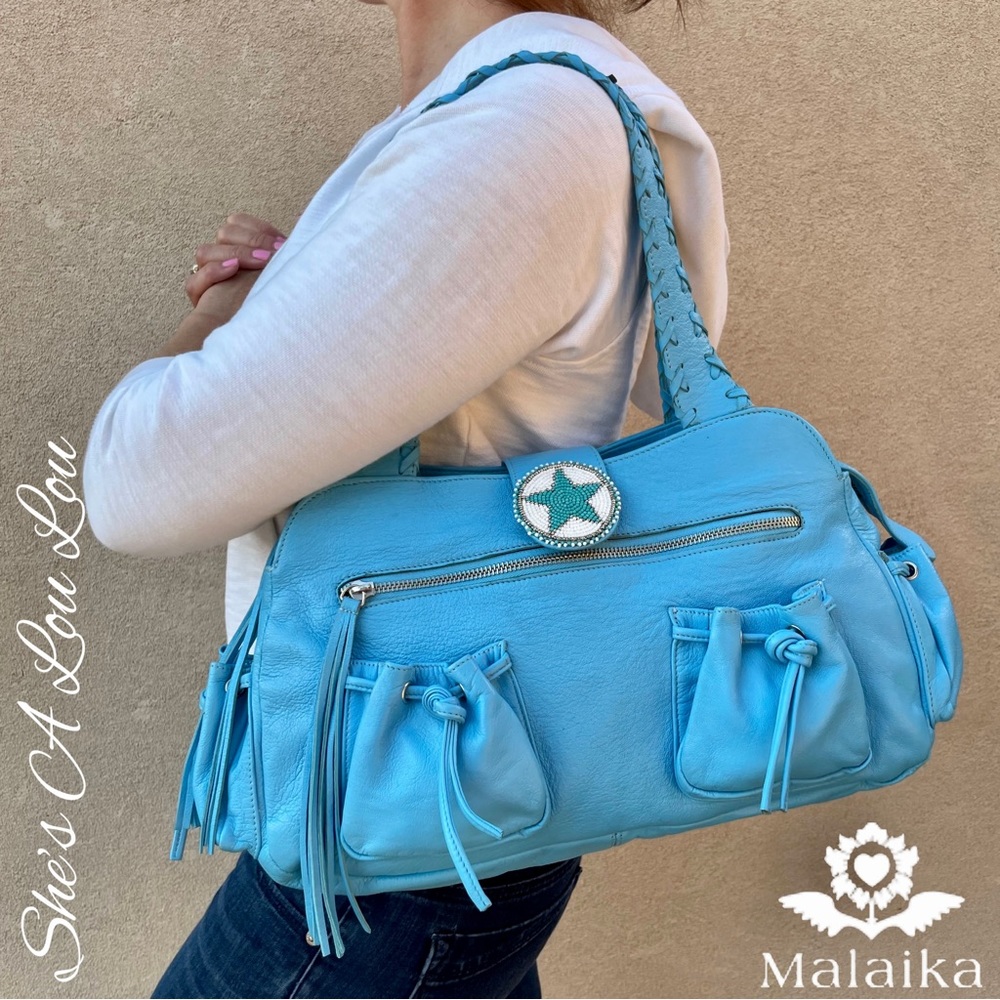 RARE Malaika Blue Buttery Soft Leather, Native American Design, Shoulder Bag